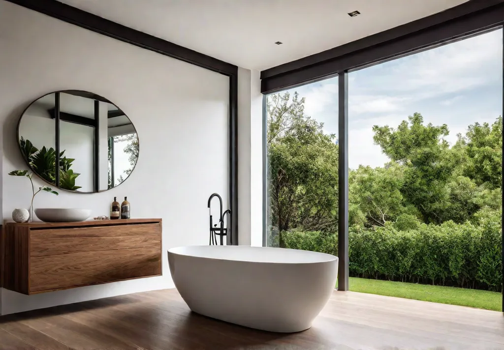 A serene bathroom bathed in natural light featuring a freestanding soaking tubfeat