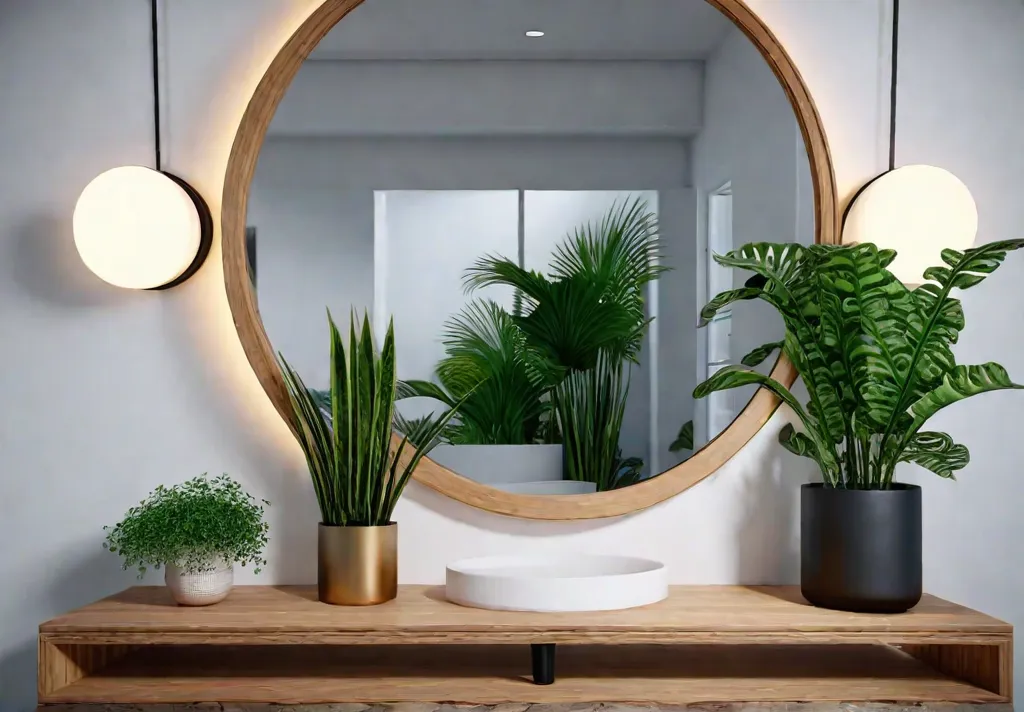 A serene bathroom with white walls and a large round mirror withfeat