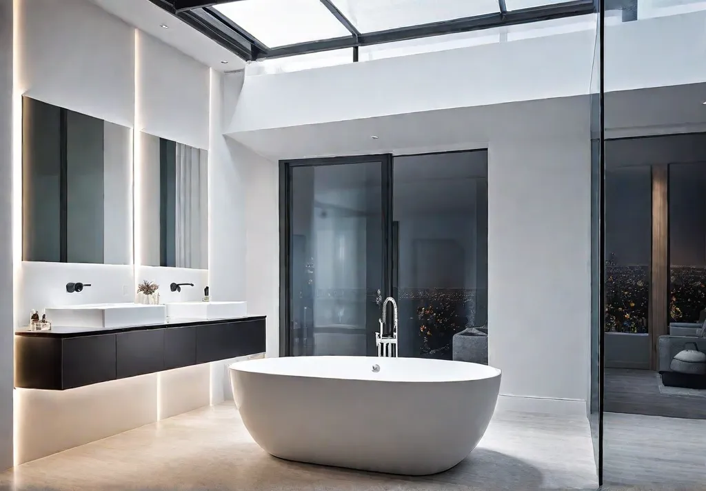 A serene minimalist bathroom with white walls a floating vanity with cleanfeat
