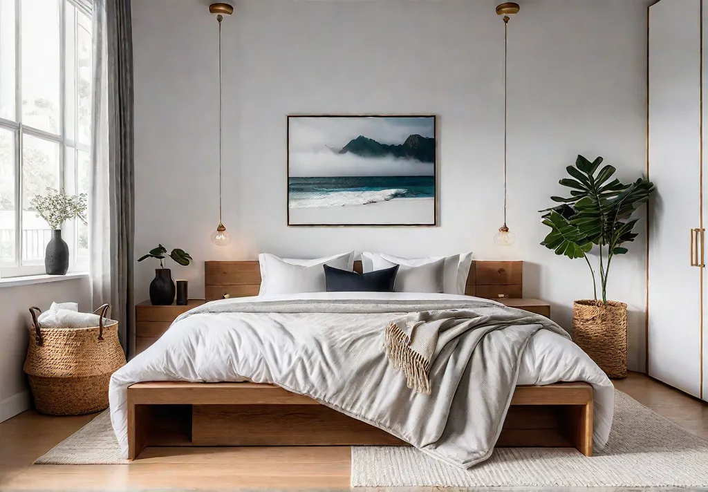 A serene minimalist bedroom with a platform bed featuring spacious drawers underneathfeat