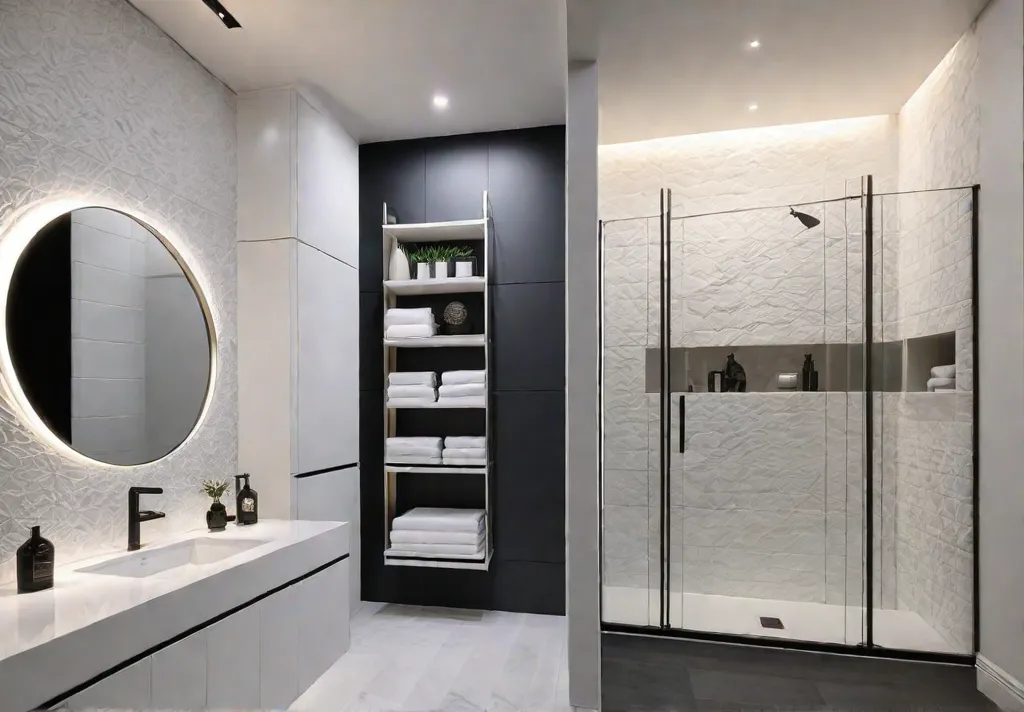 A small bathroom with floating shelves overthetoilet storage and wallmounted cabinets creatingfeat
