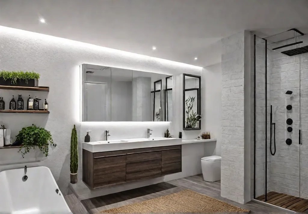 A small bathroom with floating shelves tall cabinets and wallmounted storage creatingfeat