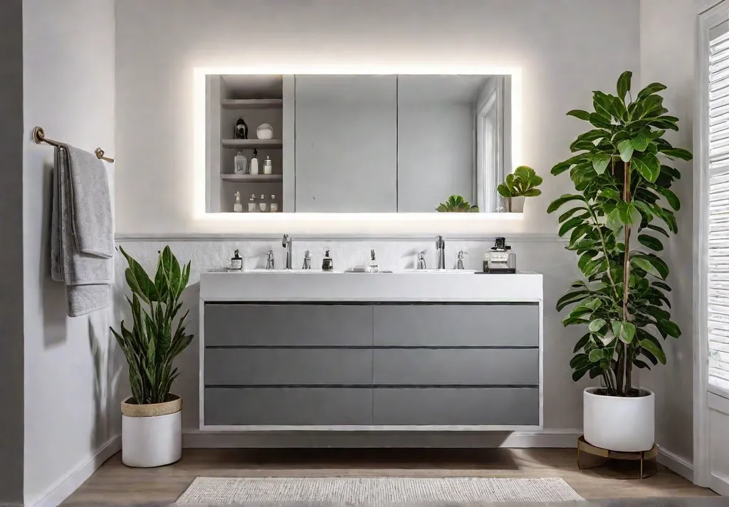 A small bathroom with white walls and a white vanity with builtinfeat