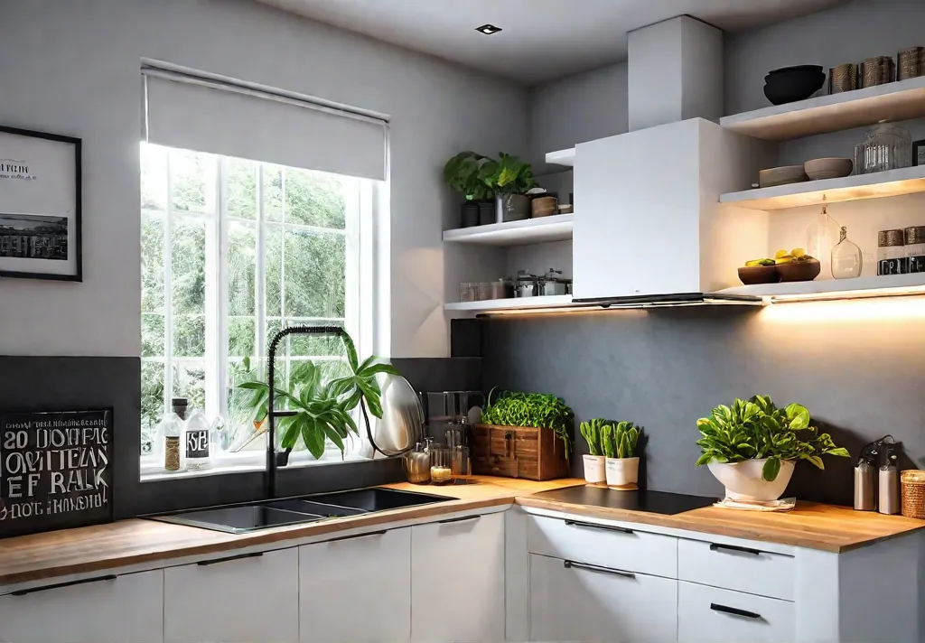 A small kitchen with white cabinets and open shelving featuring a varietyfeat