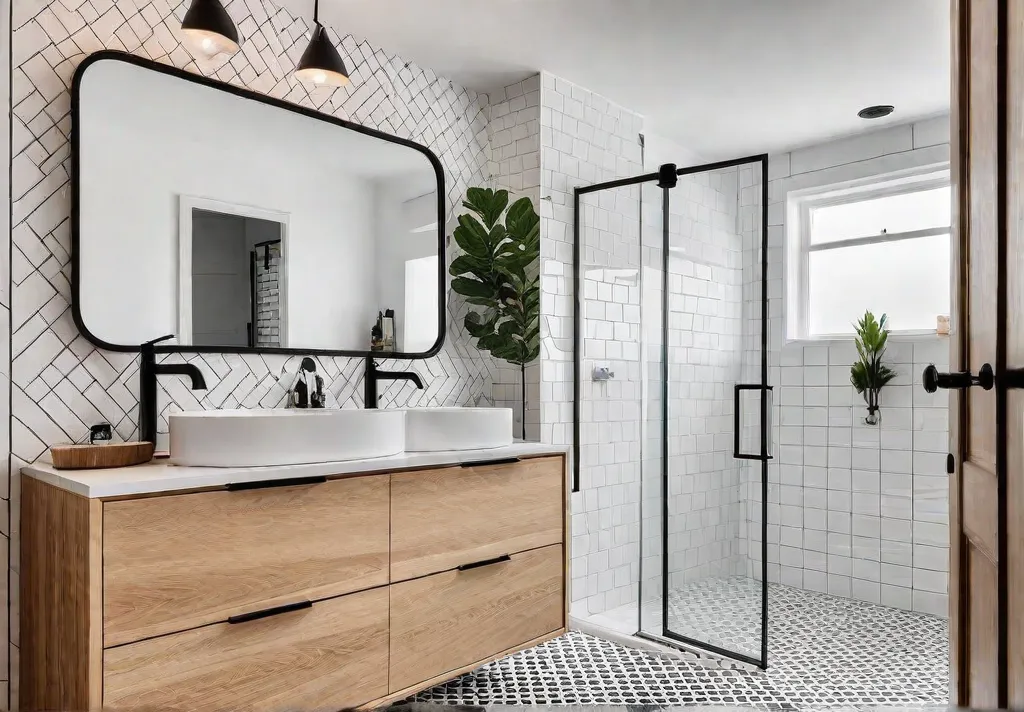 A small modern bathroom with white walls and a black and whitefeat