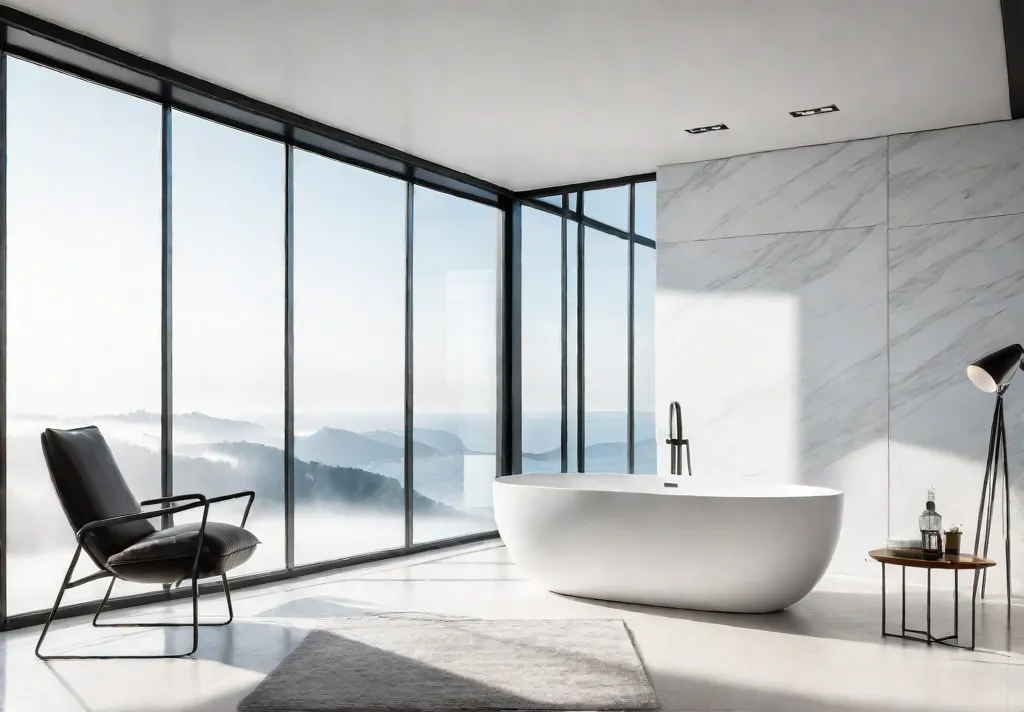 A sundrenched minimalist bathroom with a large freestanding soaking tub white wallsfeat