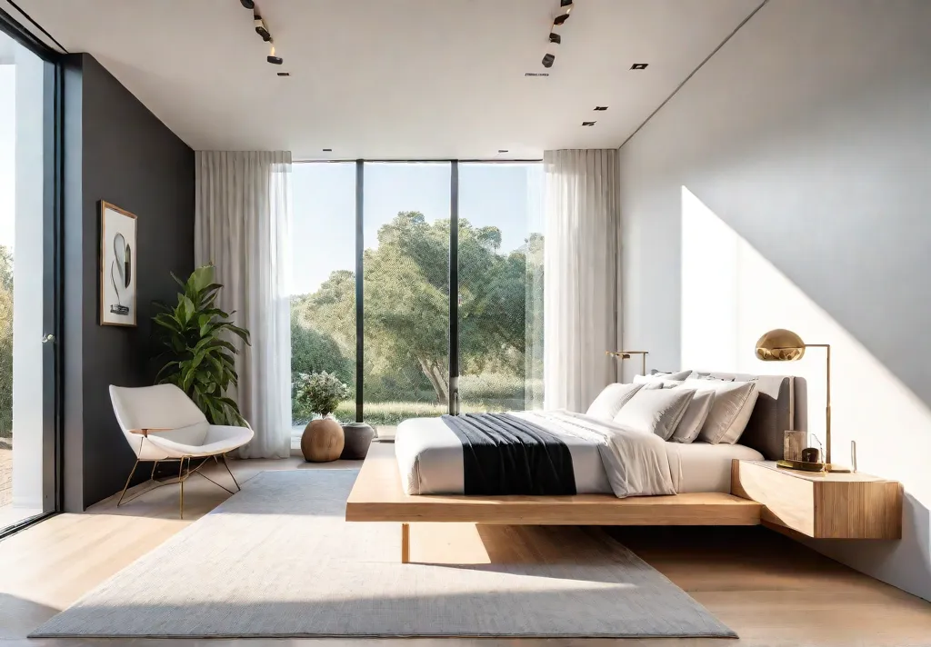 A sundrenched minimalist bedroom with a low platform bed in light woodfeat