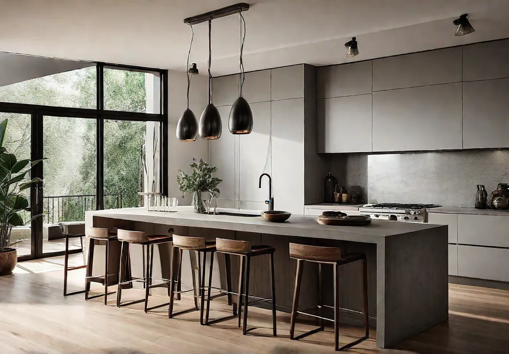 A sunlit kitchen with sleek concrete countertops industrial pendant lighting stainless steelfeat