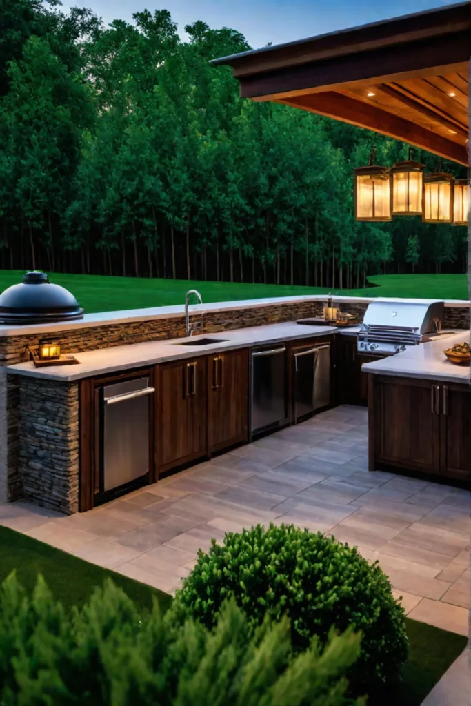 A wellappointed patio space featuring an outdoor kitchen and dining set with