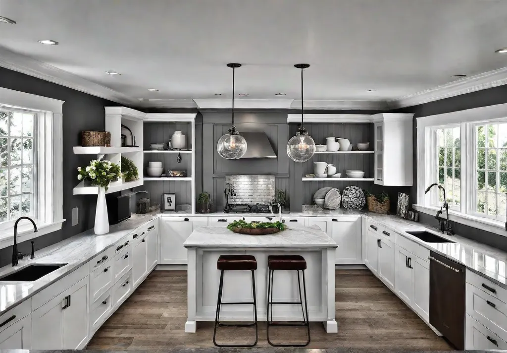 A wellorganized kitchen with white shakerstyle cabinets featuring pullout trays and adjustablefeat