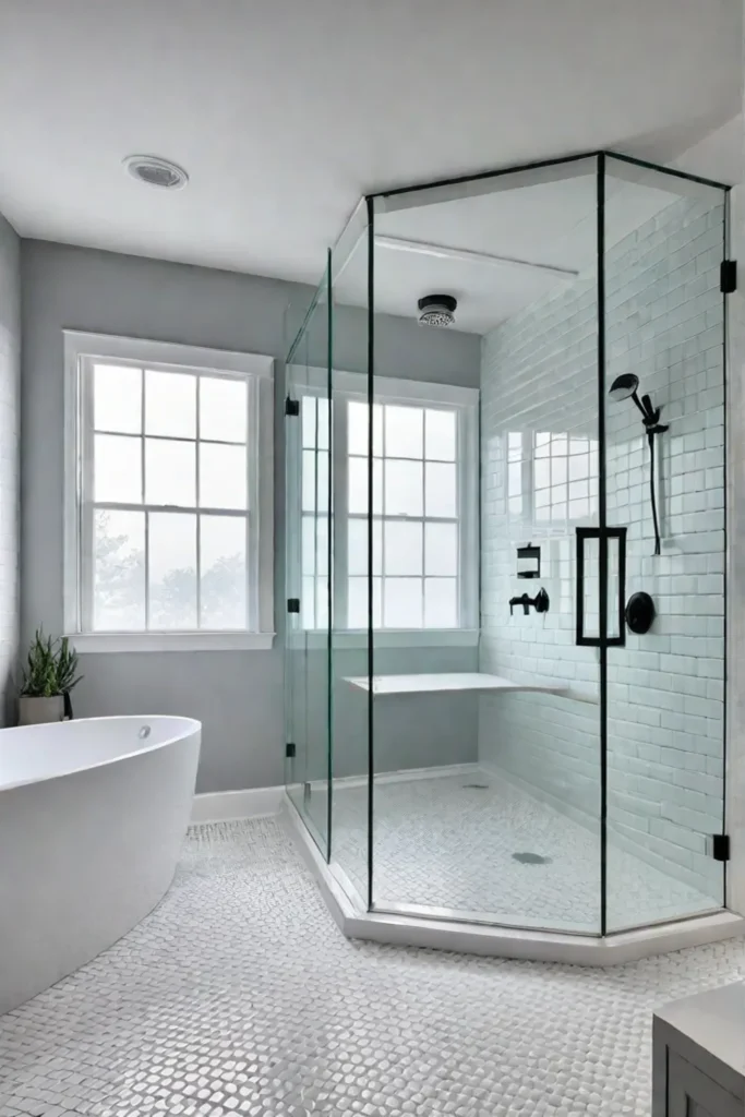 A modern corner shower with frameless glass and white tile in a small bathroom