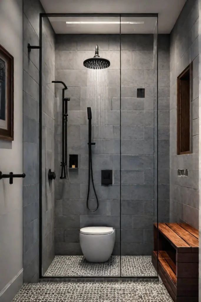 A rustic bathroom showcasing a shower renovation with natural stone elements