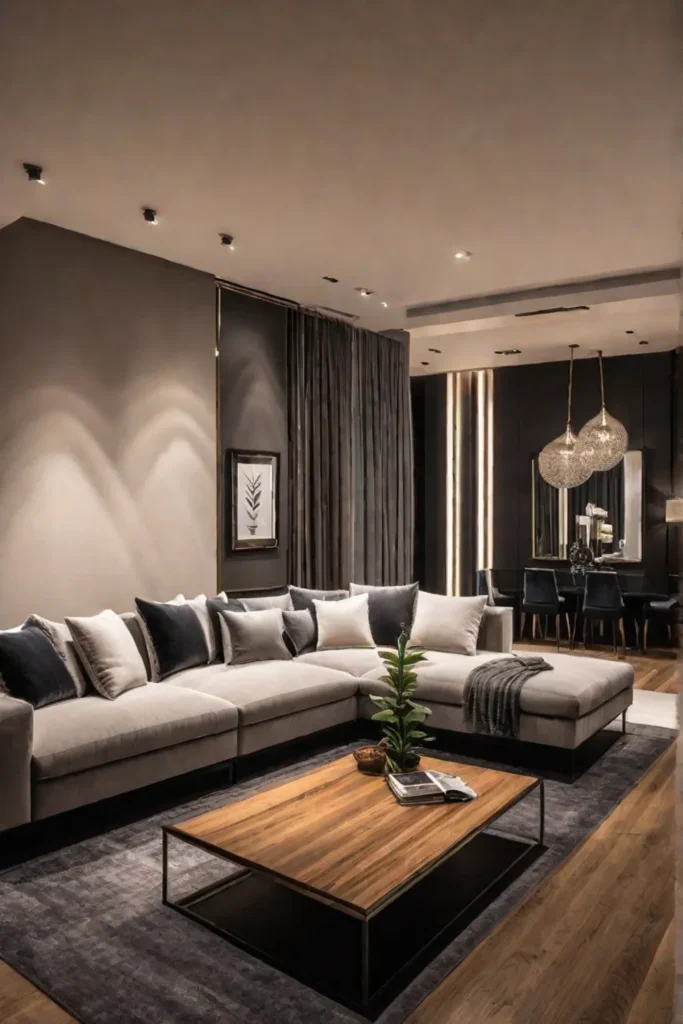 Accent lighting showcasing artwork in a living room