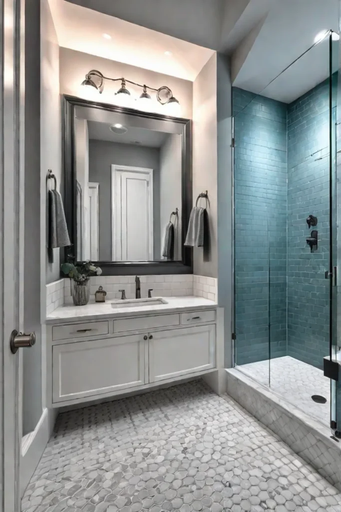 Accessible shower with dual showerhead system and grab bars