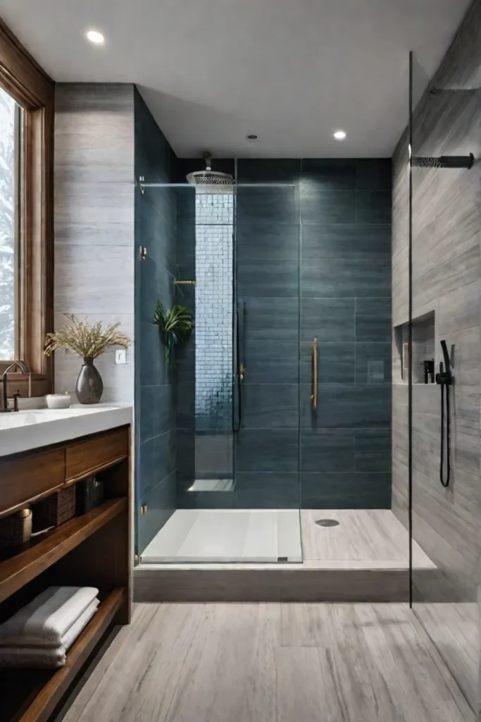 Accessible shower with natural stone tile and wood accents