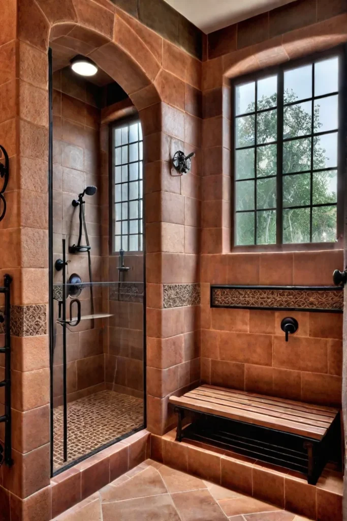 Accessible shower with rainfall showerhead and warm color palette