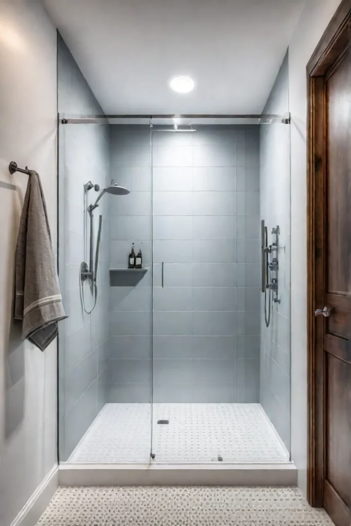 Accessible shower with white tile and frameless glass door