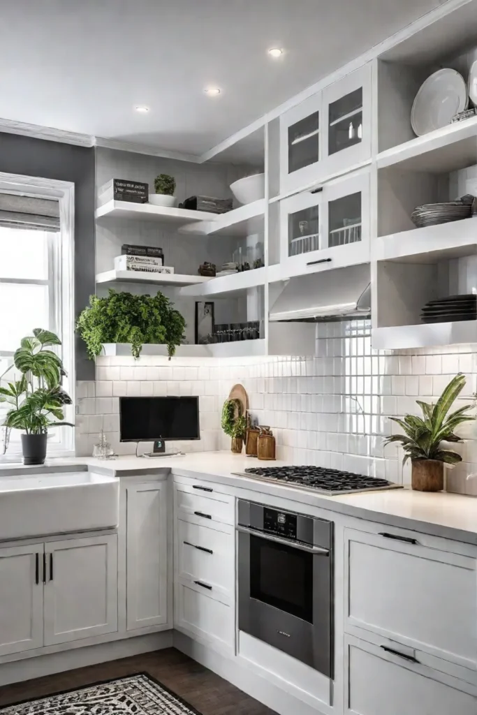 Adjustable shelves and lighting in kitchen cabinet