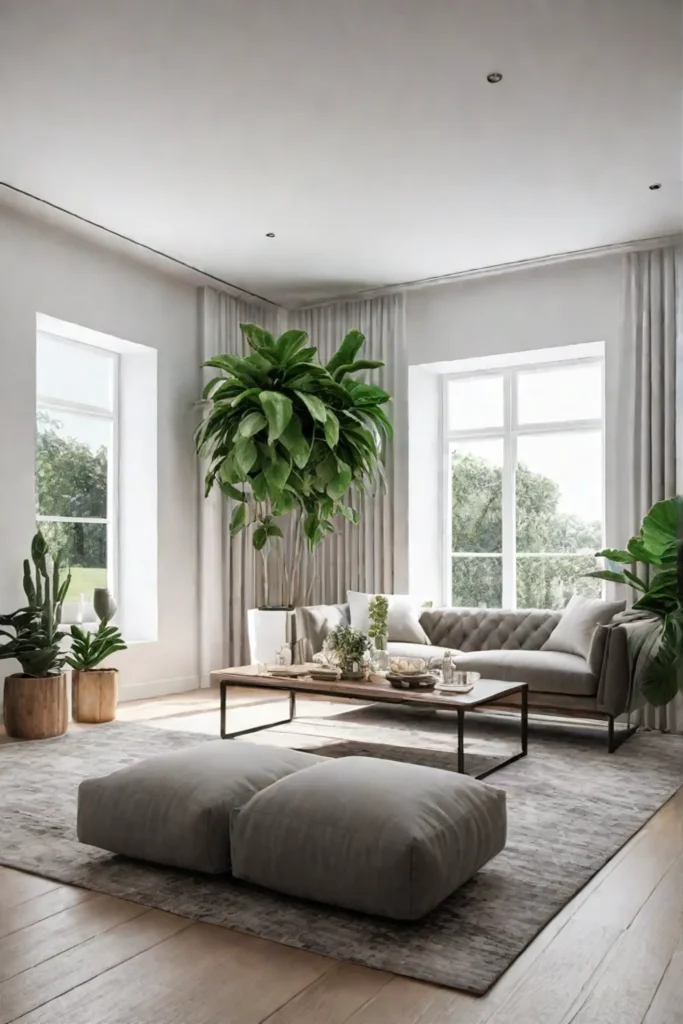 Airy living room with abundant houseplants and natural wood accents