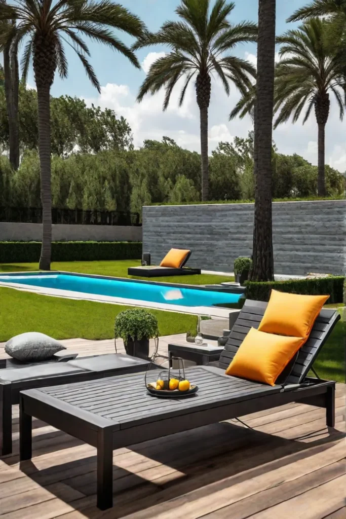 An outdoor patio setting featuring patio furniture with integrated technology like builtin