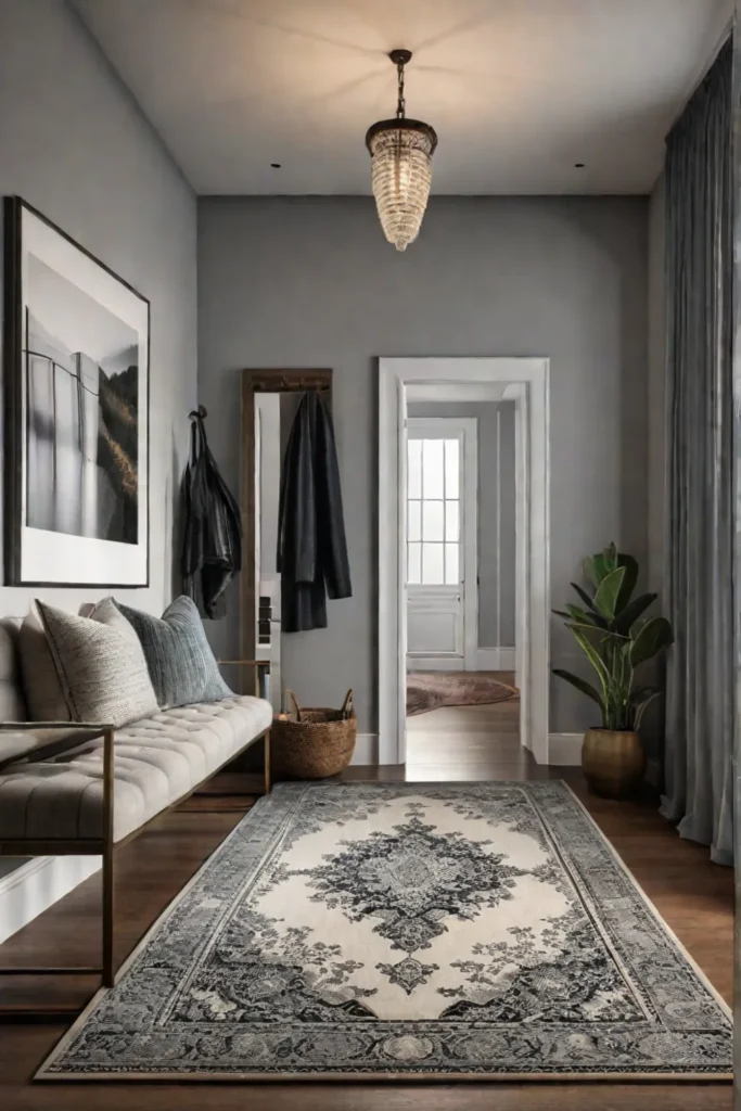 Apartment entryway with bench mirror and patterned rug