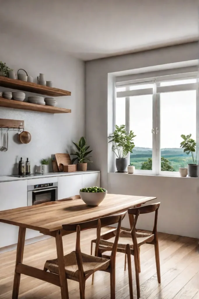 Apartment kitchen with small wooden table and lush garden views
