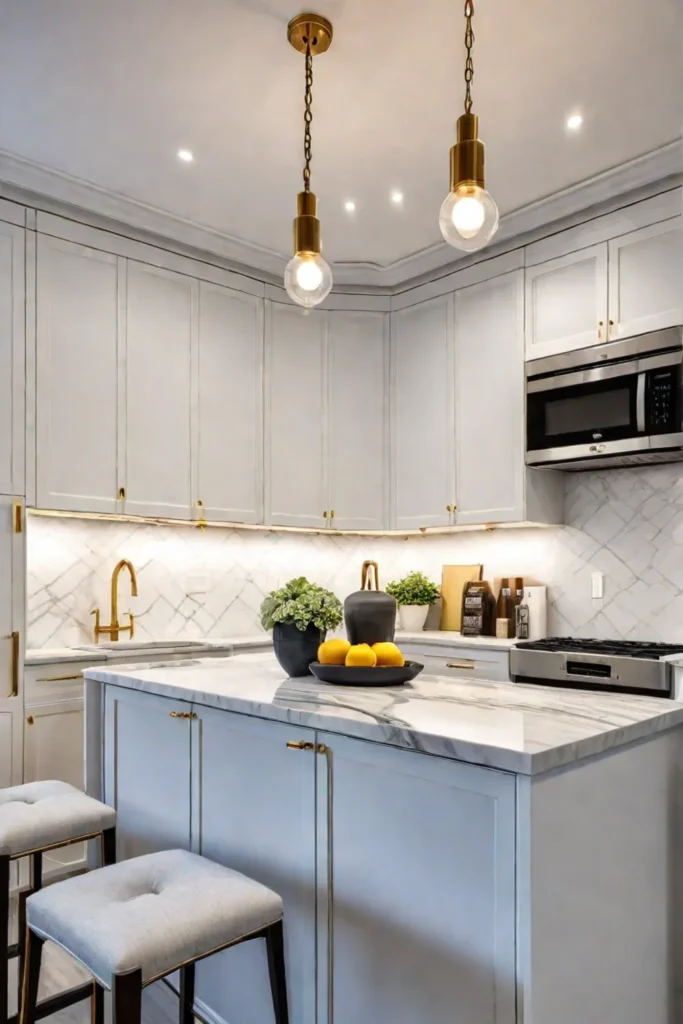 Apartment kitchen with white cabinets and marble countertops