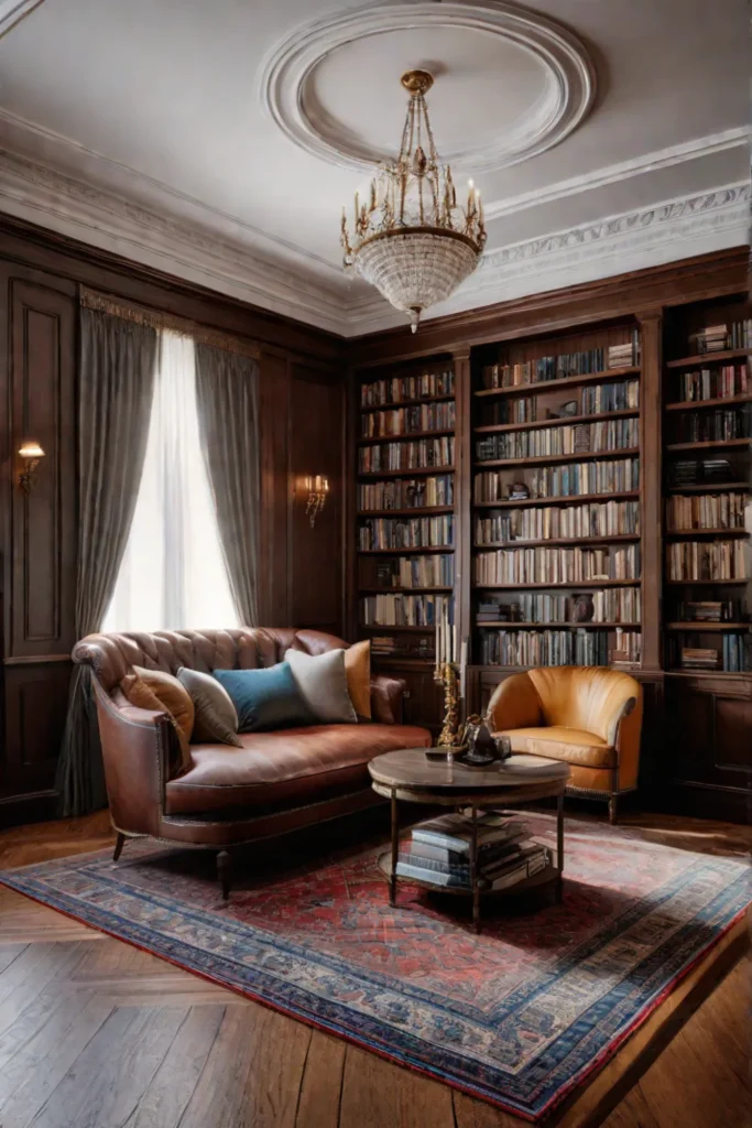 Apartment library with floortoceiling bookshelves and reading nook