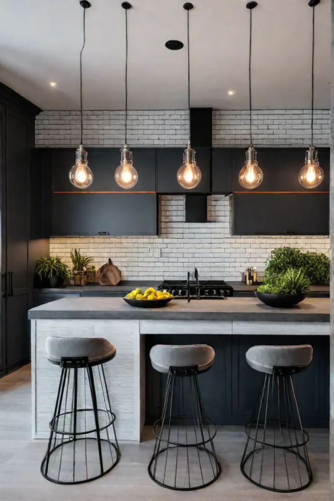 Apartment kitchen with dark cabinets and Edison bulb lighting