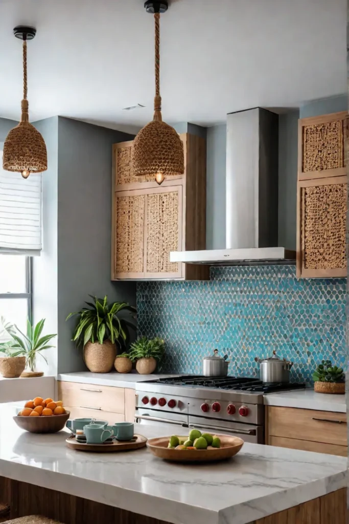 Apartment kitchen with globally inspired textiles and plants