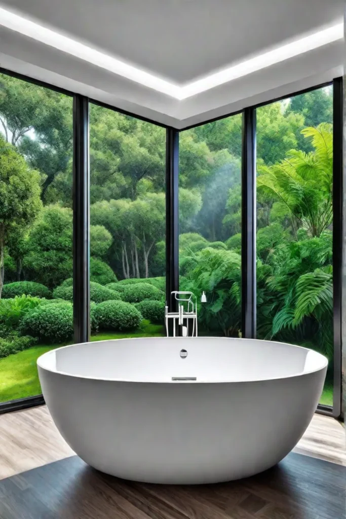 Bathroom oasis with soaking tub and garden view