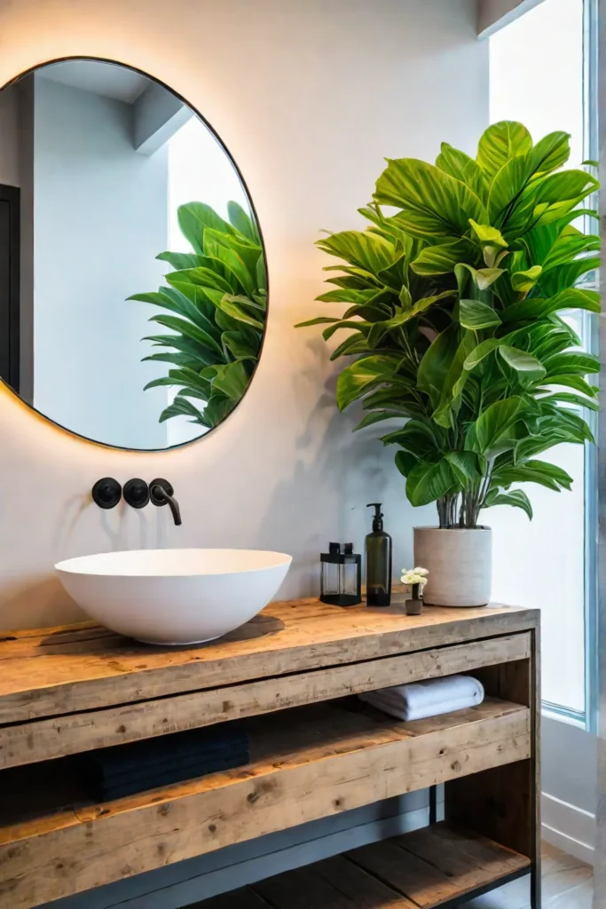 Bathroom with DIY concrete countertop and open shelving