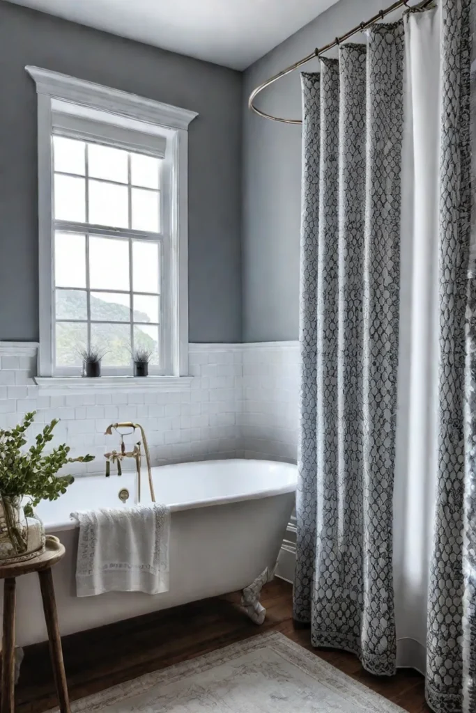 Bathroom with DIY vintage textile shower curtain