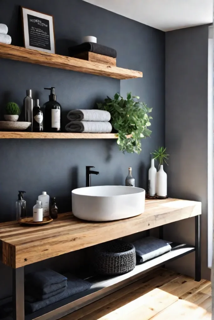 Bathroom with DIY wood countertop and open shelving