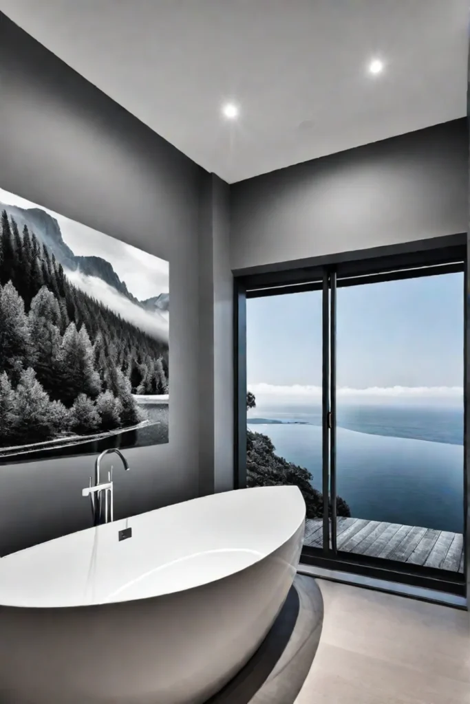 Bathroom with blackandwhite landscape photo