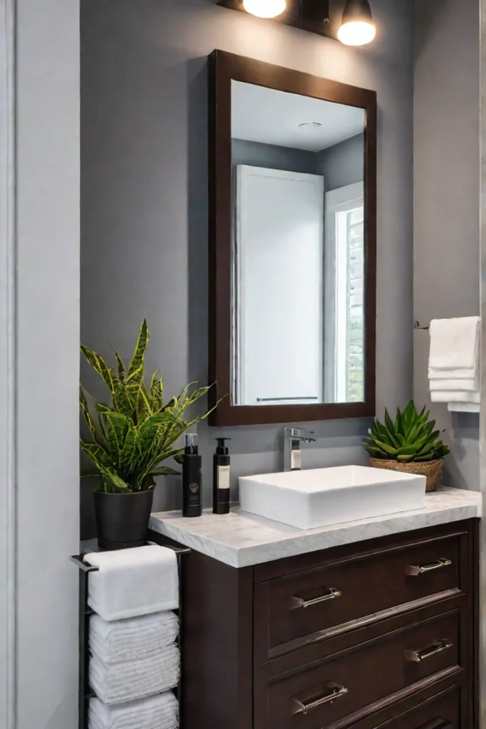 Bathroom with brown vanity and white countertop storage