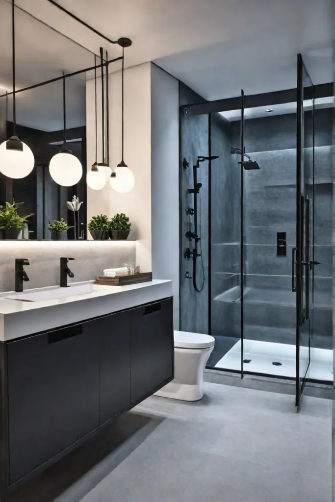 Bathroom with builtin storage and mirrored cabinets