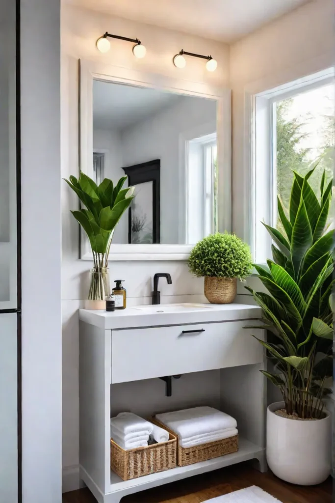 Bathroom with builtin vanity storage and mirror shelf