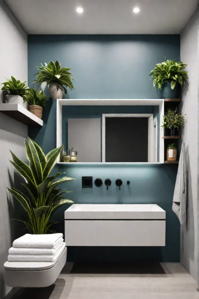 Bathroom with floating shelves and plants