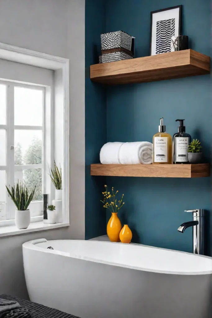 Bathroom with floating shelves and wallmounted organizers