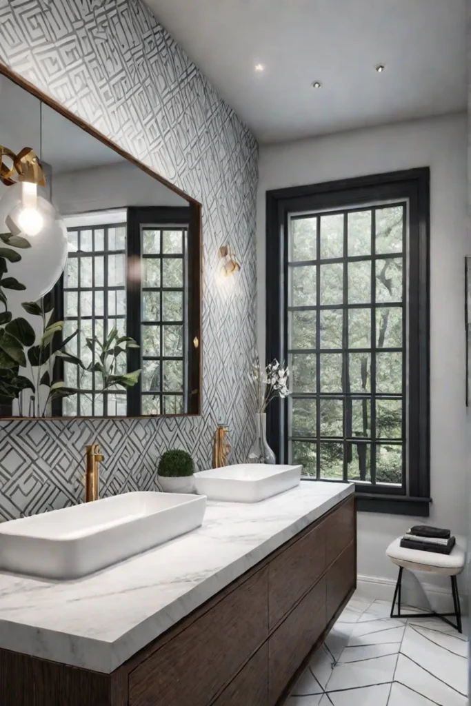 Bathroom with geometric wallpaper accent wall