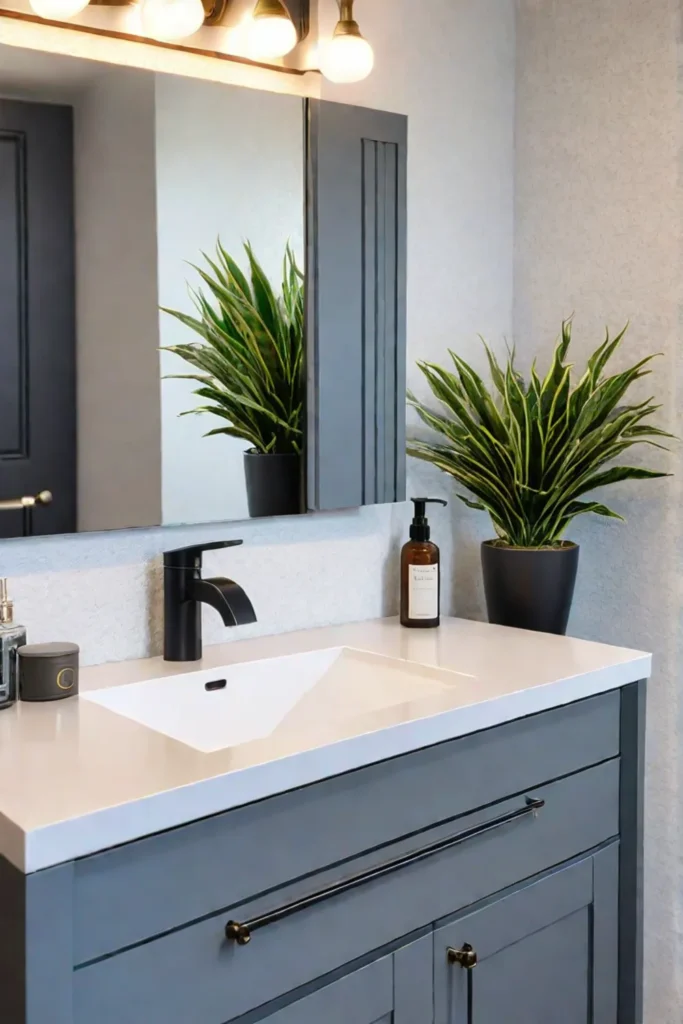 Bathroom with gray vanity and countertop storage