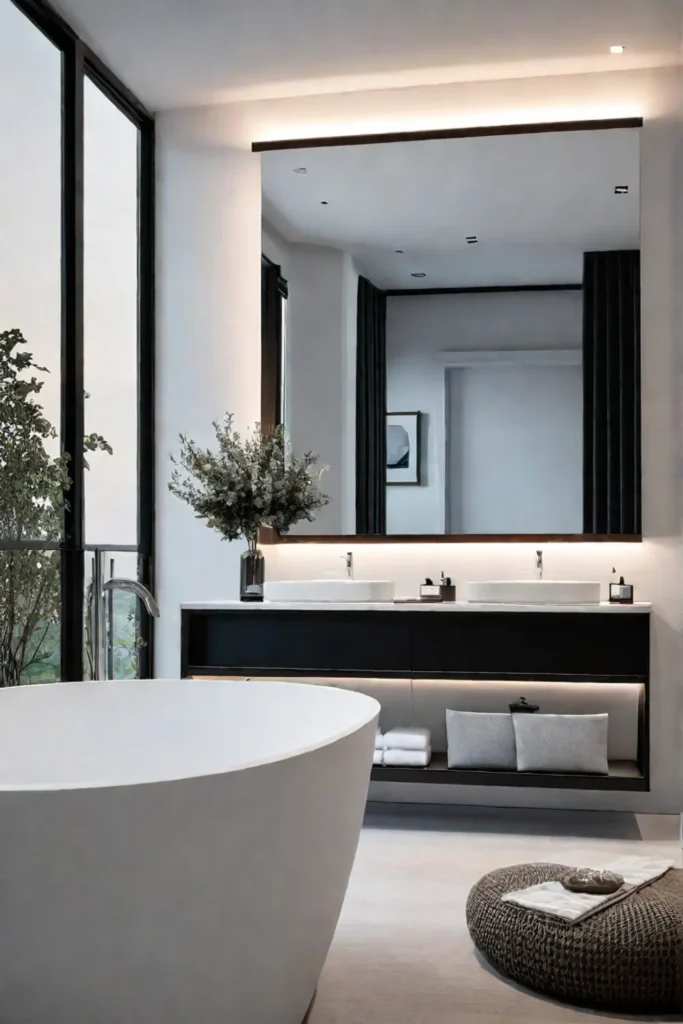 Bathroom with large mirror and floating vanity reflecting light