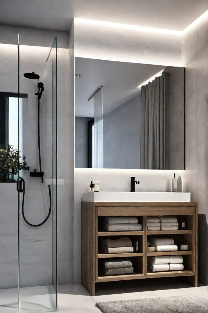 Bathroom with mirror with builtin storage