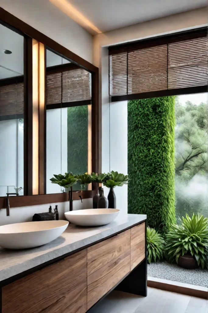 Bathroom with natural materials and garden view