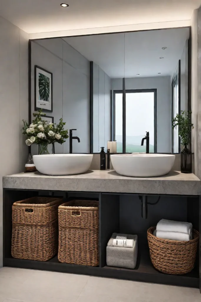 Bathroom with natural materials and woven baskets for storage