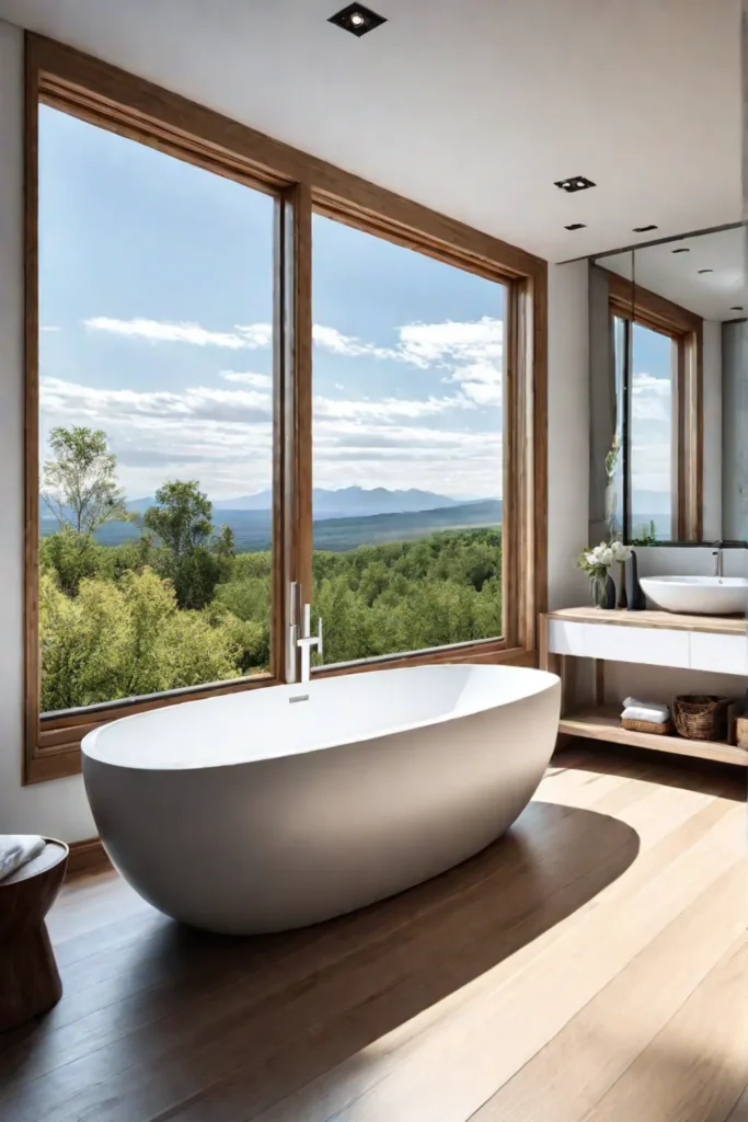 Bathroom with soaking tub and nature view