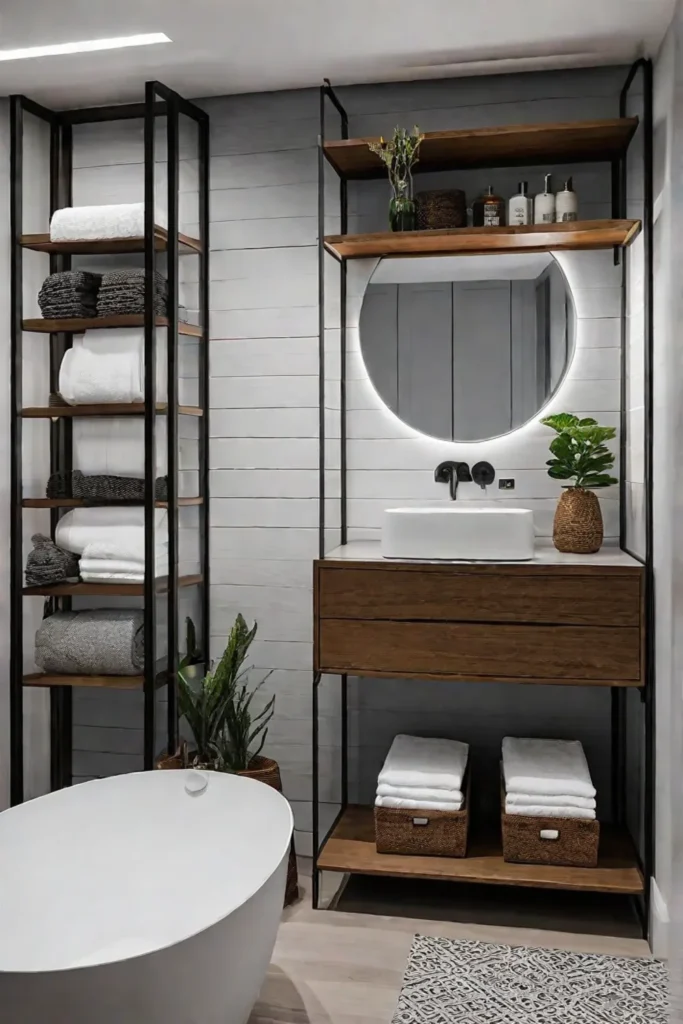 Bathroom with vertical storage solutions and floortoceiling cabinets