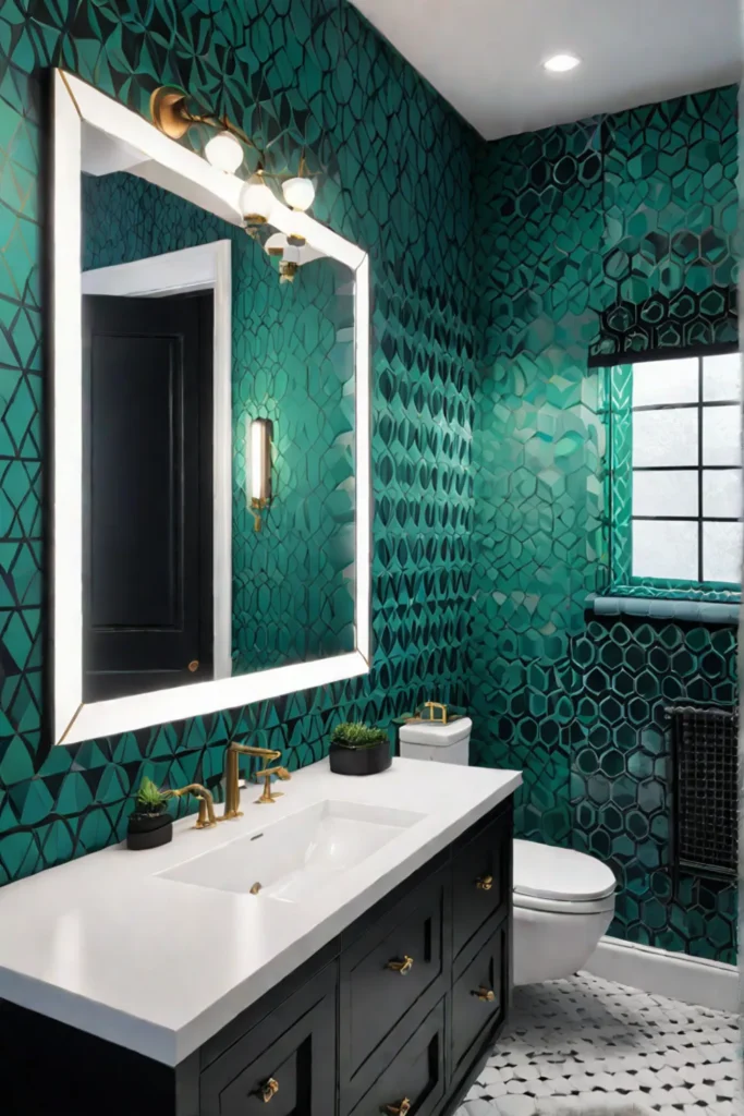 Bathroom with vibrant and patterned wallpaper
