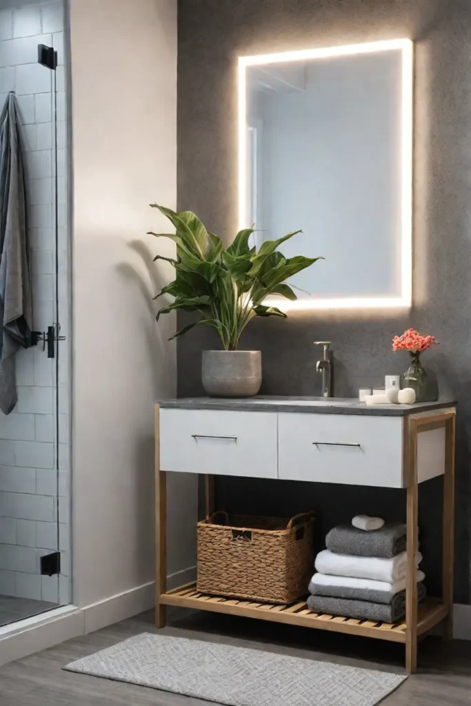 Bathroom with white vanity and gray countertop storage